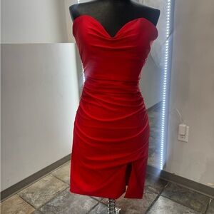La Femme Vibrant Red Strapless Dress